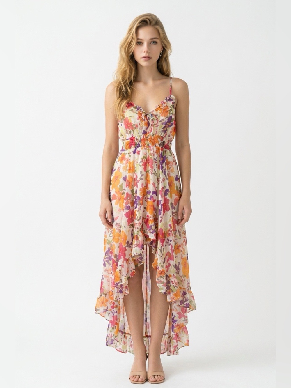 River Island Floral High-Low Slip Dress in Pink, Orange, Cream, Purple